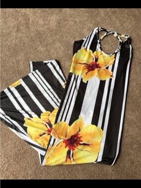 Black & White Striped Maxi Dress with Large Yellow Floral Print